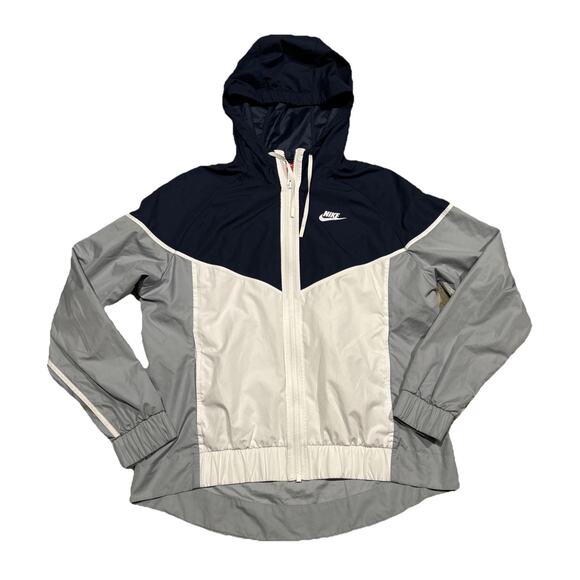 Nike size M women’s Jacket Windrunner Hooded Vented Running Golf Navy Gray B25 - Picture 1 of 12